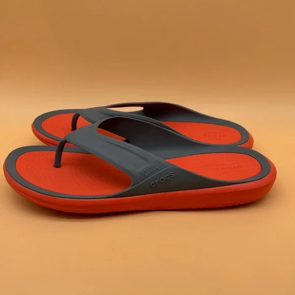 Crocs Mens Size‎ 12 Flip Flops Thong Sandals Orange Gray Comfort - Picture 8 of 10